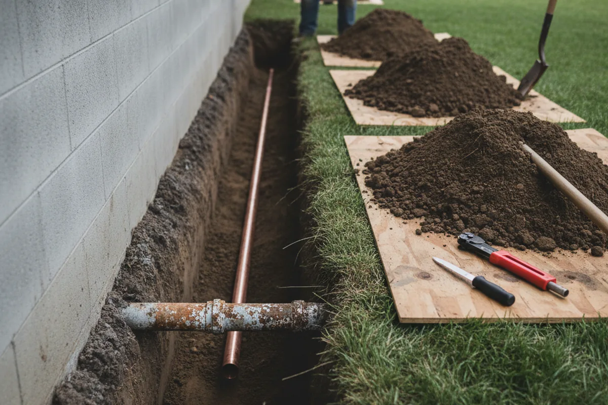 Excavated water line trench during Water Softener Installation in Gillett Grove